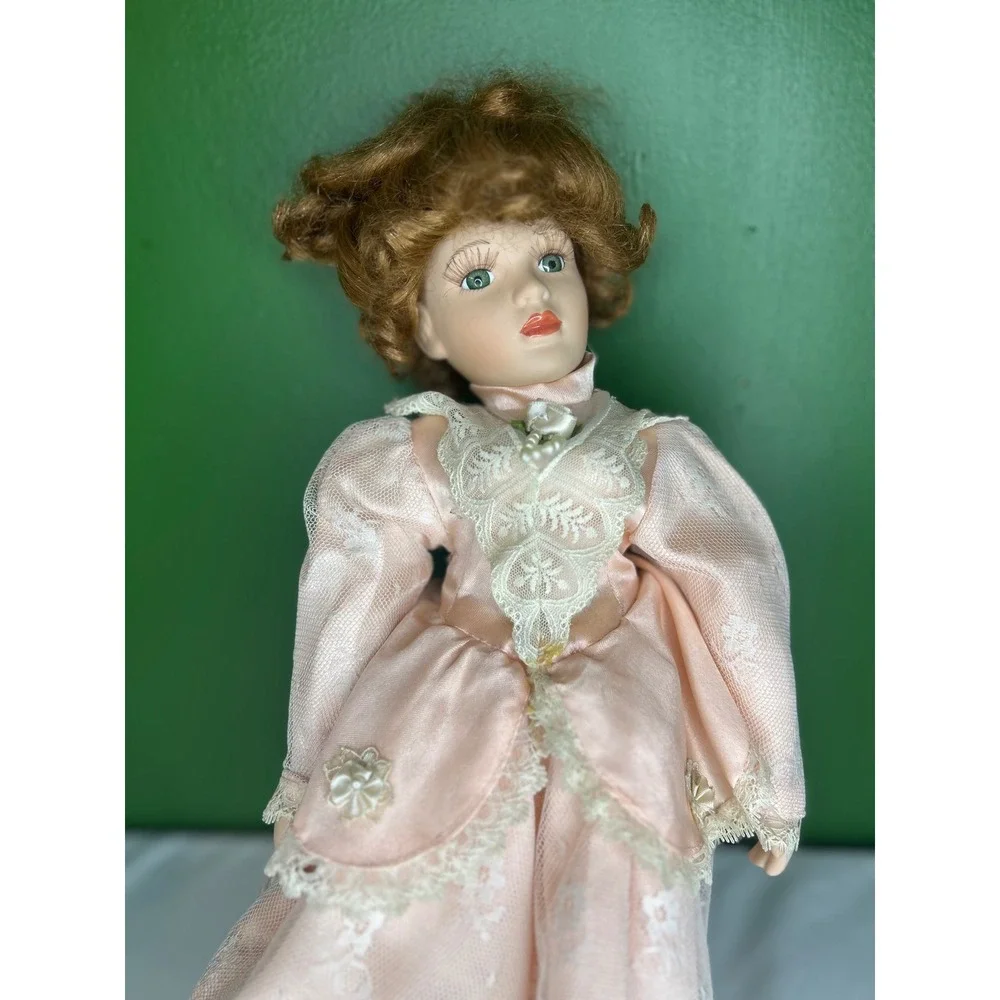 Vintage Porcelain Collector Doll Peach Lace Victorian Dress Auburn Hair Green